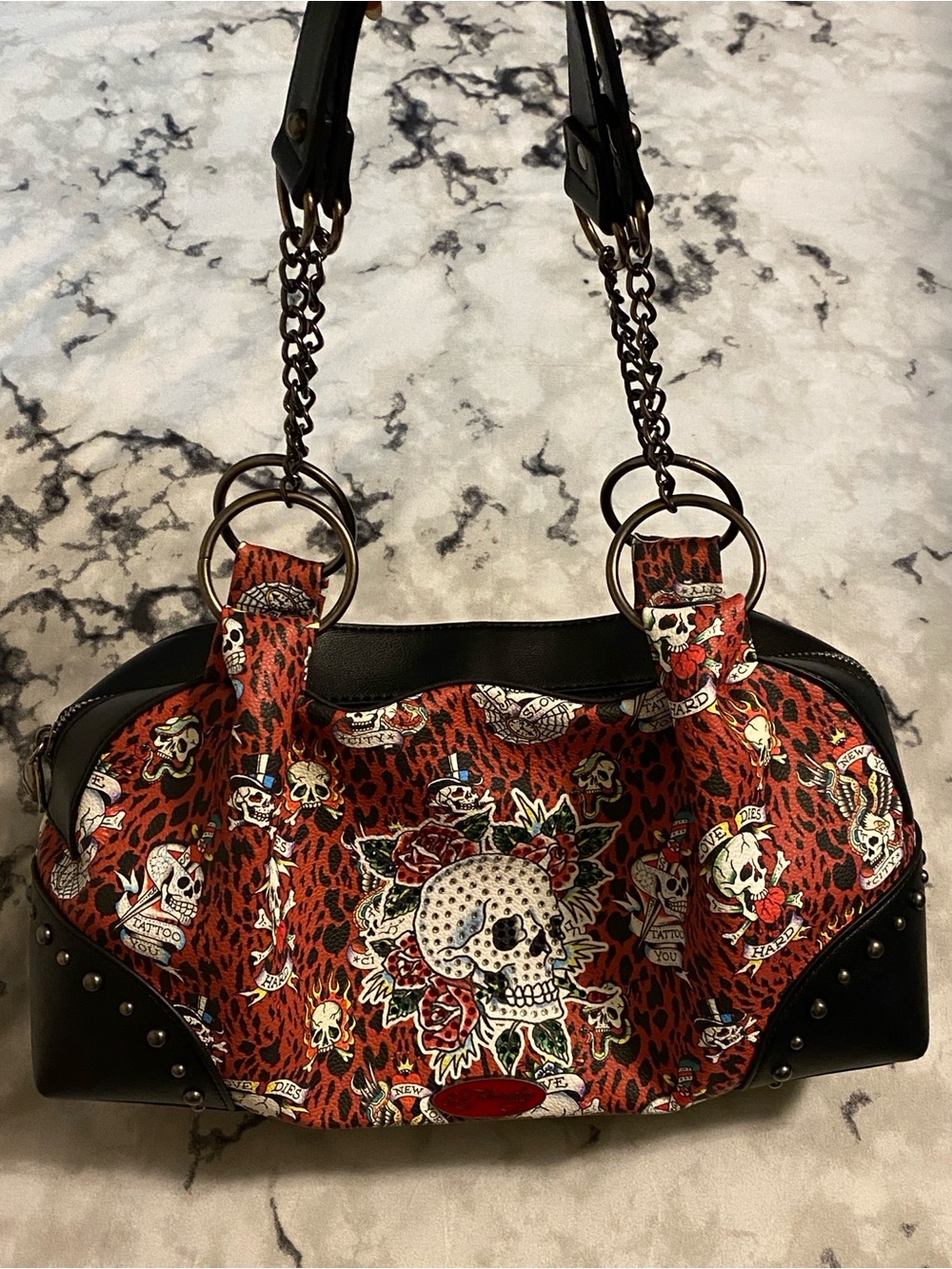 Ed Hardy Rhinestone Rose Skull Leopard Tattoo Chain Strap Shoulder Bag Handbag